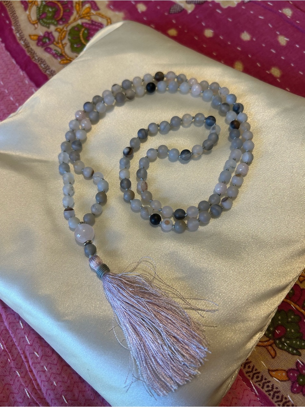 Gray Beaded Necklace with Pink Tassel